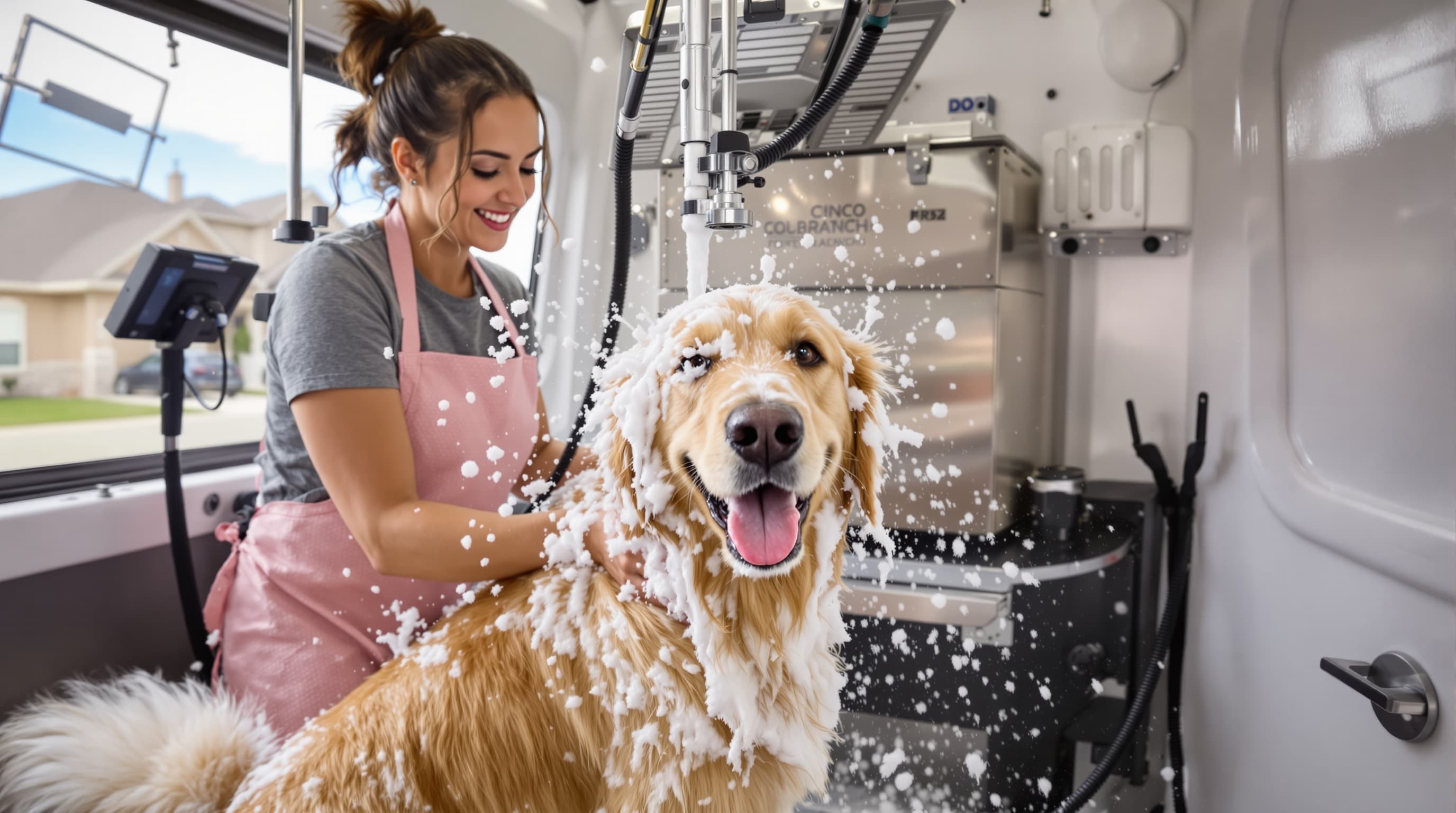 Happy golden retriever getting groomed in the Lone Star Paws mobile van, Katy TX